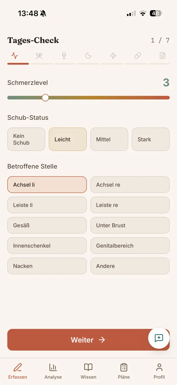 Tages-Check der App: Schmerzlevel, Schub-Status und betroffene Stelle erfassen